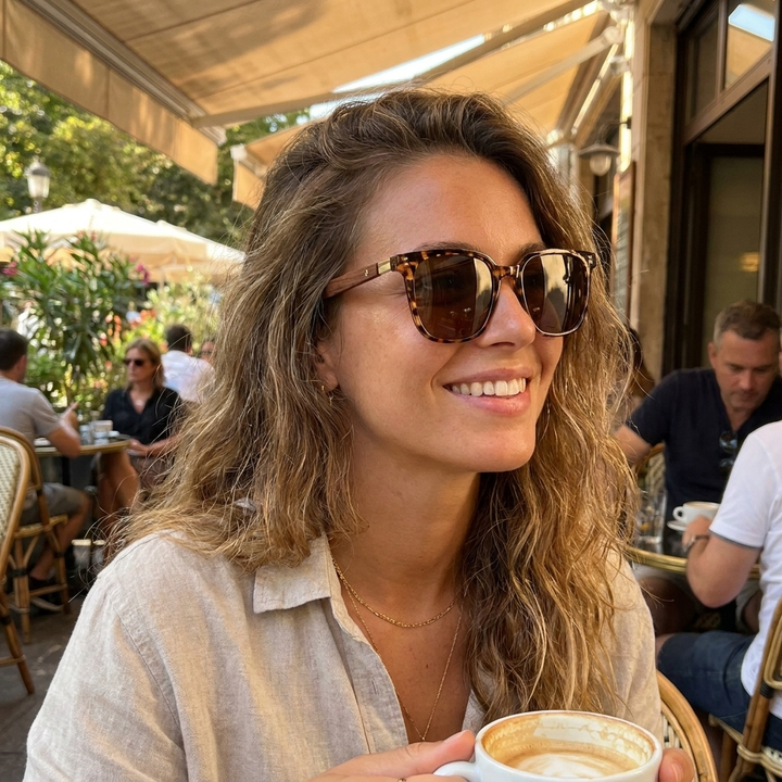 Woman wearing trendy polarized sunglasses at an outdoor cafe terrace