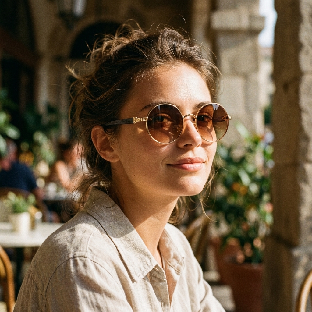 Woman wearing retro circular sunglasses with gradient lenses outdoors