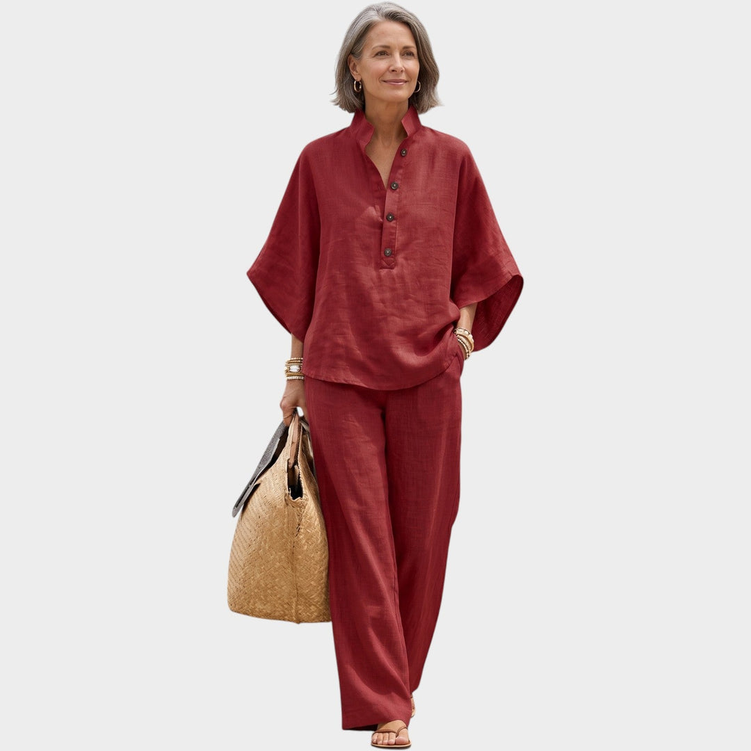 Chic womens fashion summer outfit with button top and wide leg bottoms