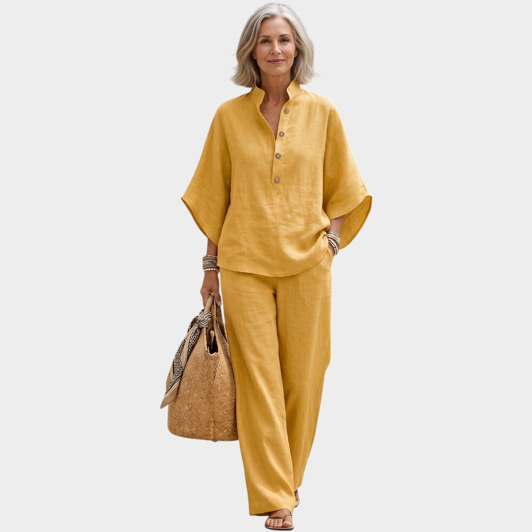 Relaxed fit matching set with button down blouse and wide leg pants