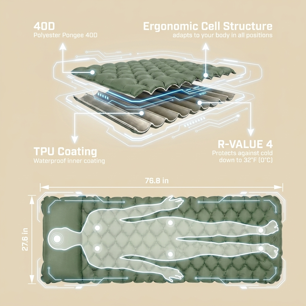 Close-up of the integrated foot pump on a blue outdoor camping mattress