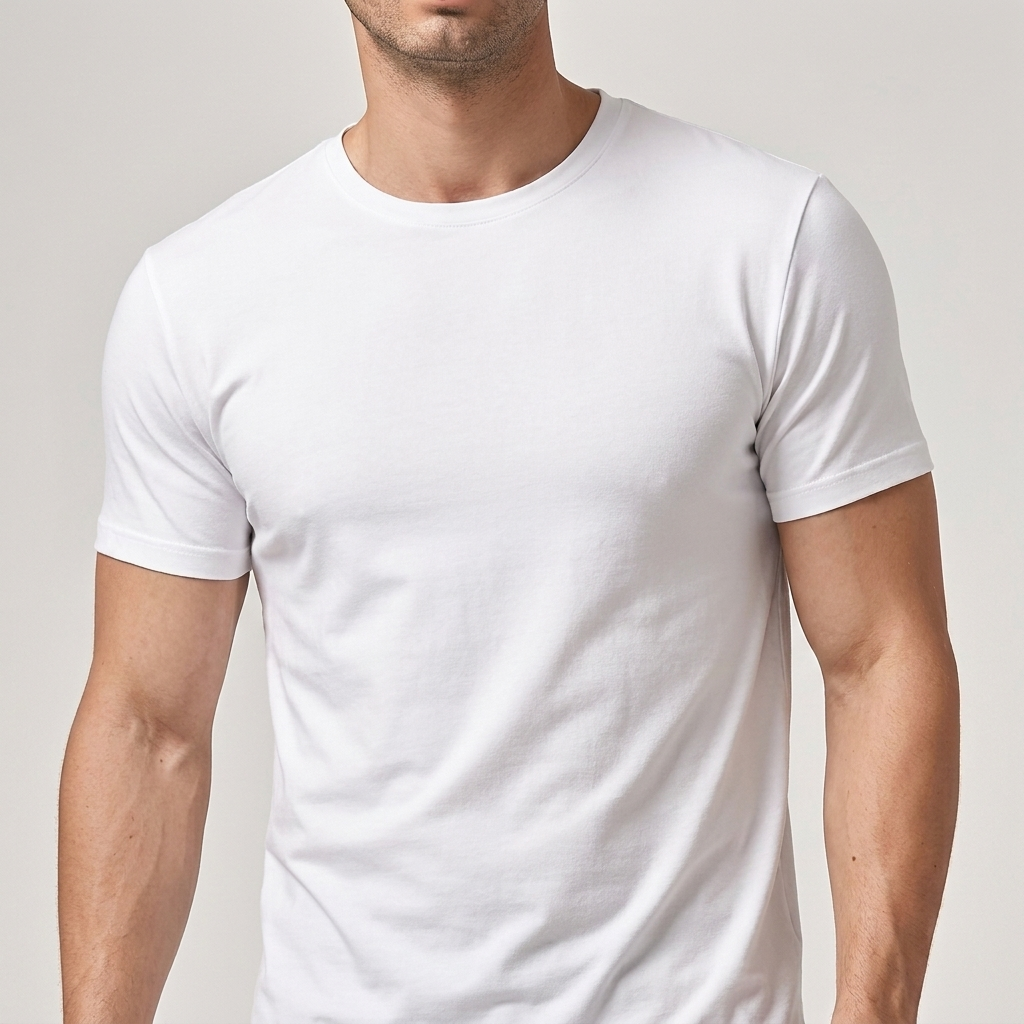 Close-up of a man wearing a plain white crew neck short sleeve t-shirt
