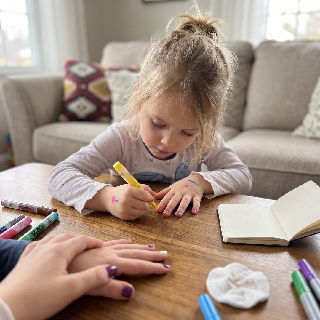 Child safely applying colorful polish using washable nail art pens