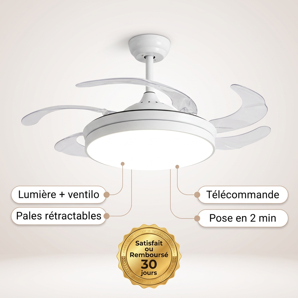 White ceiling fan light with retractable blades and remote control features