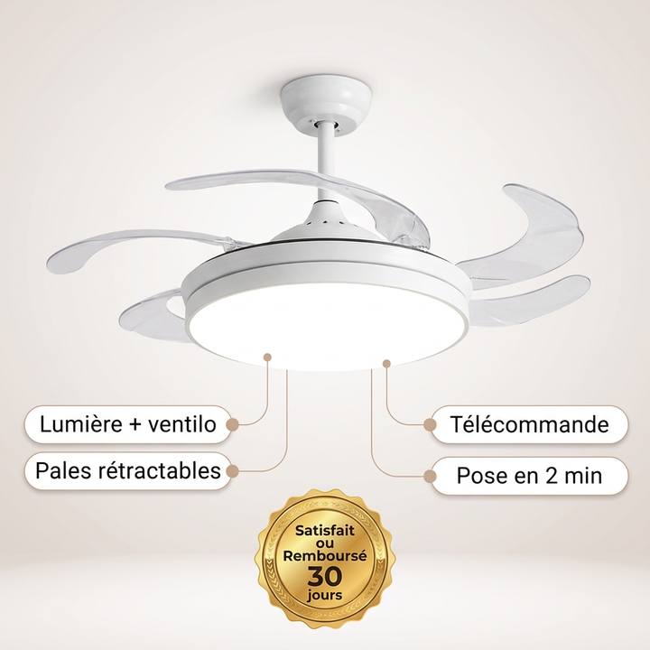 White ceiling fan light with retractable blades and remote control features