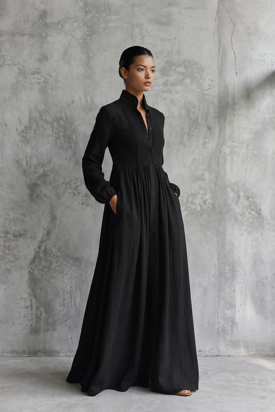 Back view of the elegant patchwork long sleeve maxi dress