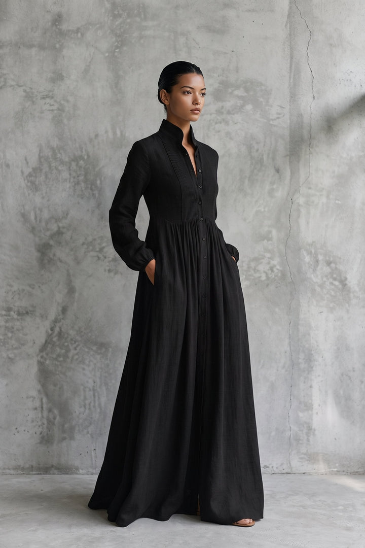 Back view of the elegant patchwork long sleeve maxi dress