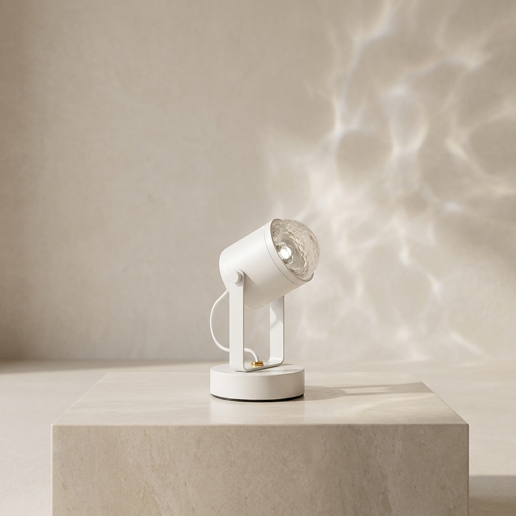 White LED RGB table lamp casting ripple light effects on a beige pedestal