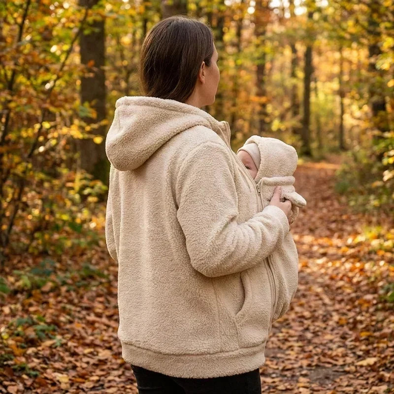 Back view of womens fleece babywearing jacket with relaxed fit
