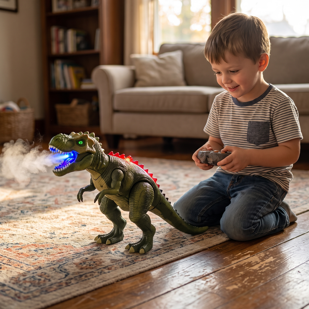 Kids remote control T Rex dinosaur toy with LED lights and mist
