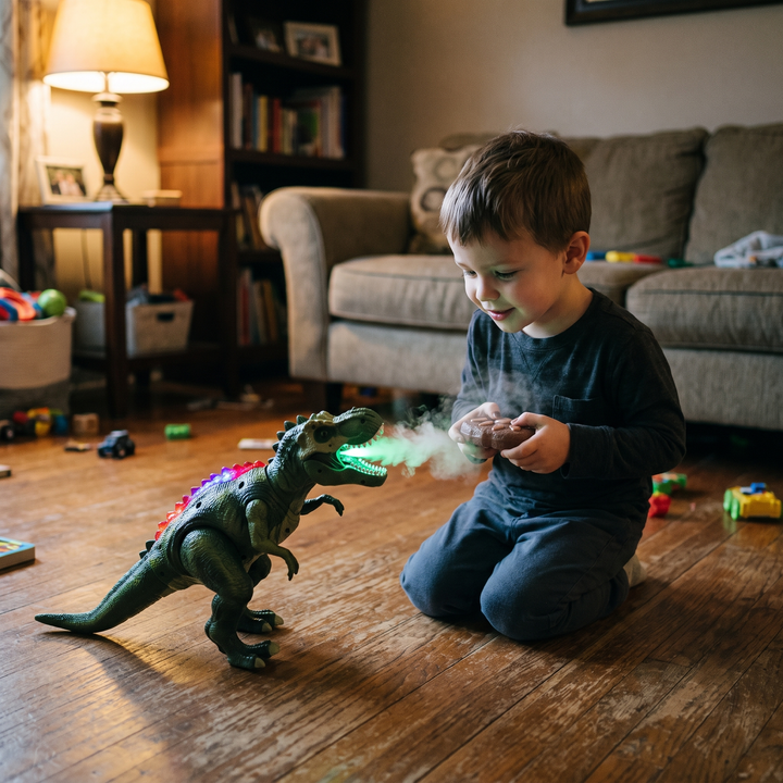 Close up of the remote control dinosaur head with light up eyes