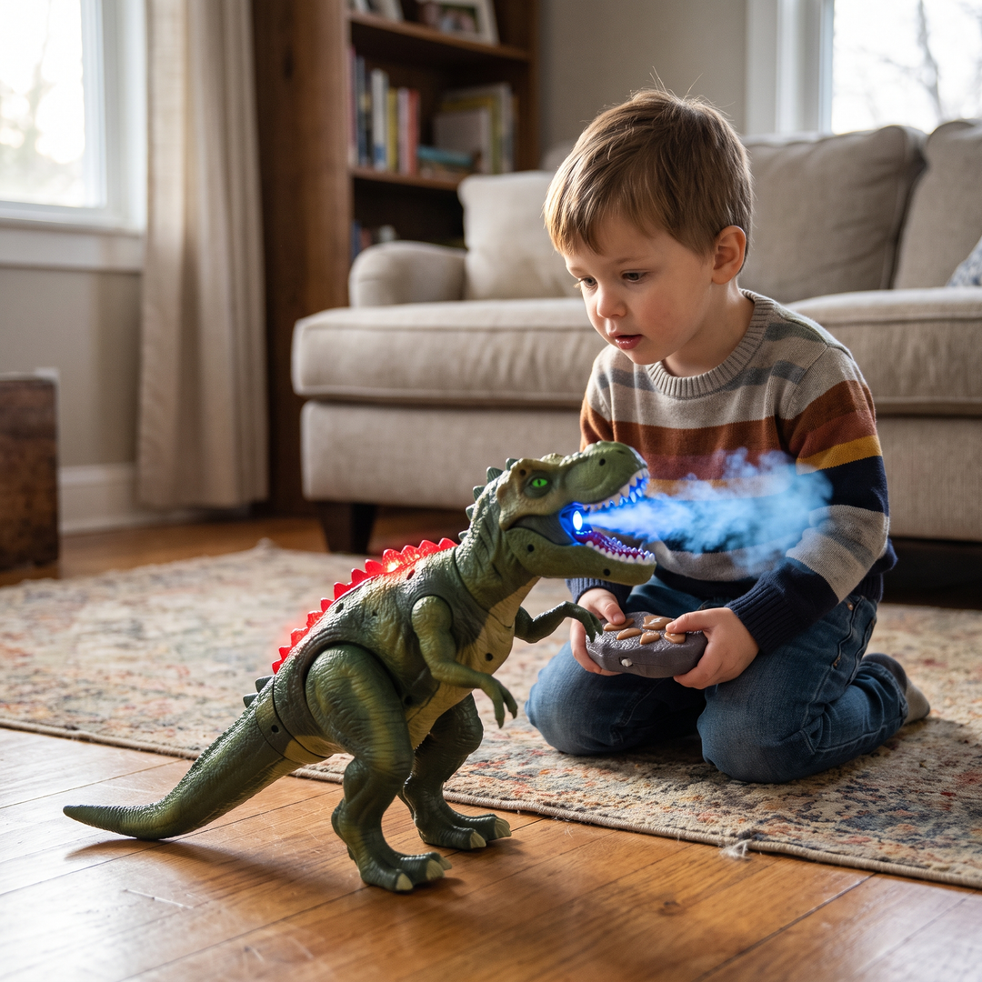 Green walking dinosaur toy showing detailed scales and texture