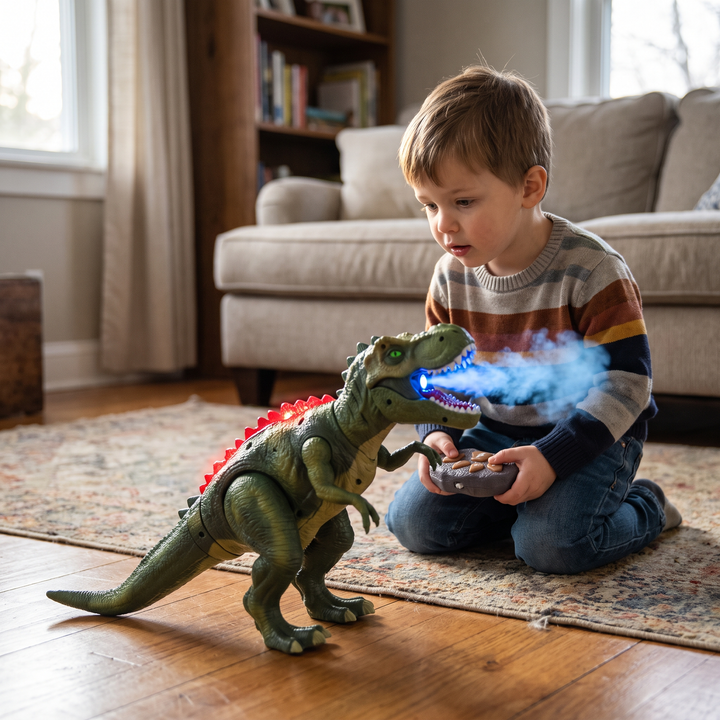 Green walking dinosaur toy showing detailed scales and texture
