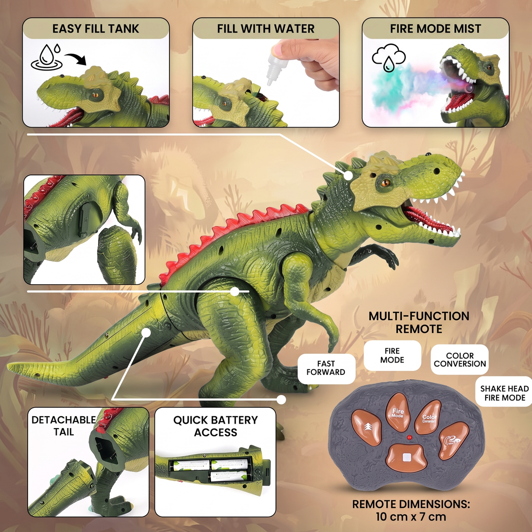 Mist breathing dinosaur toy operated by wireless remote control