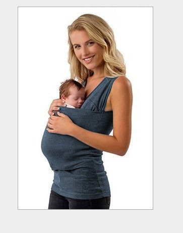 Woman wearing blue babywearing shirt carrying baby