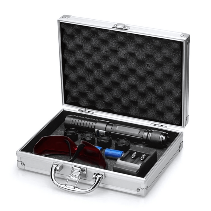 High power blue laser pointer kit inside protective metal storage case