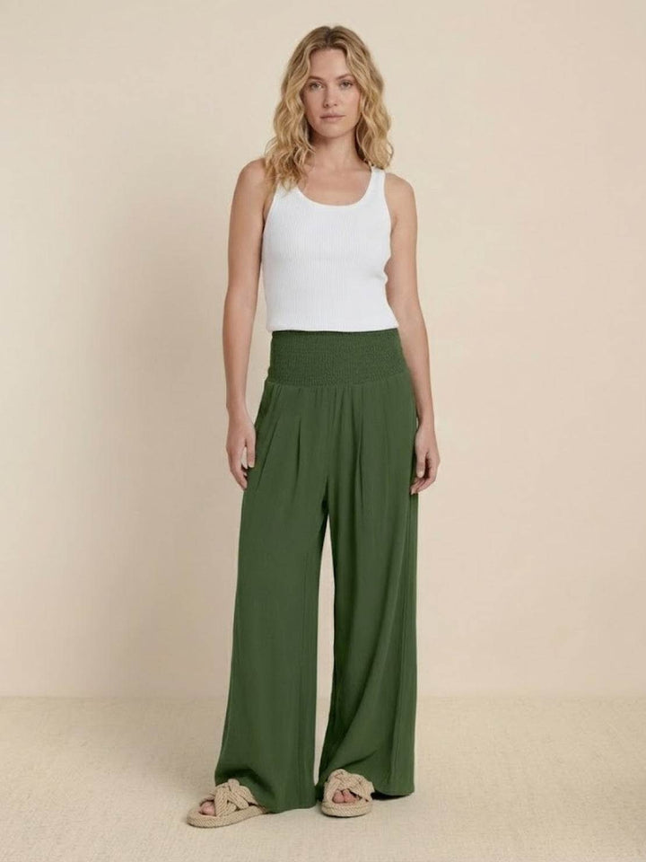 Full length view of stylish womens high waist wide leg pants