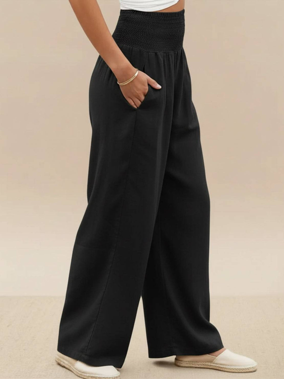 Close up fabric detail of breathable wide leg summer pants