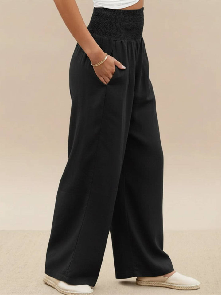 Close up fabric detail of breathable wide leg summer pants