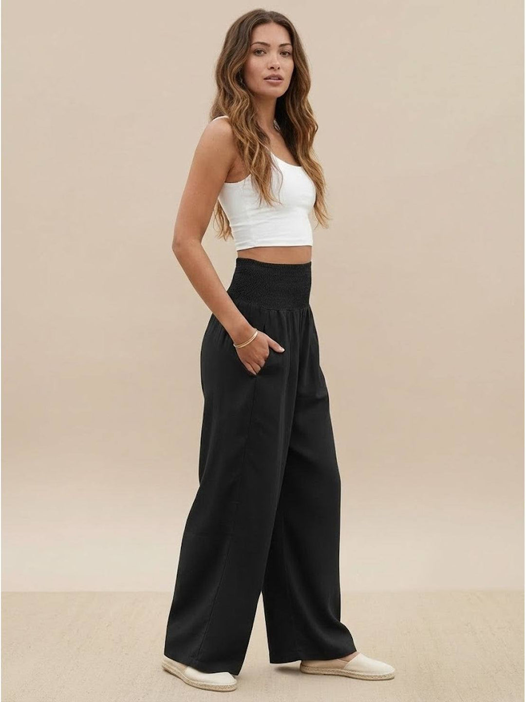 Full outfit inspiration featuring high waist smocked trousers