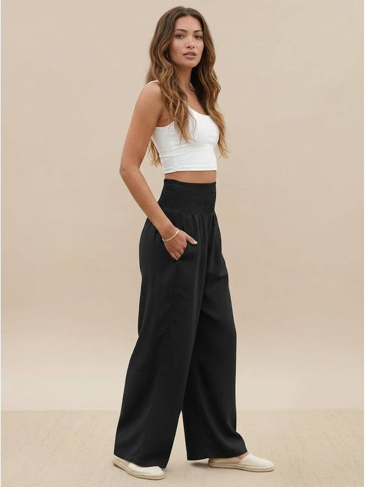 Full outfit inspiration featuring high waist smocked trousers