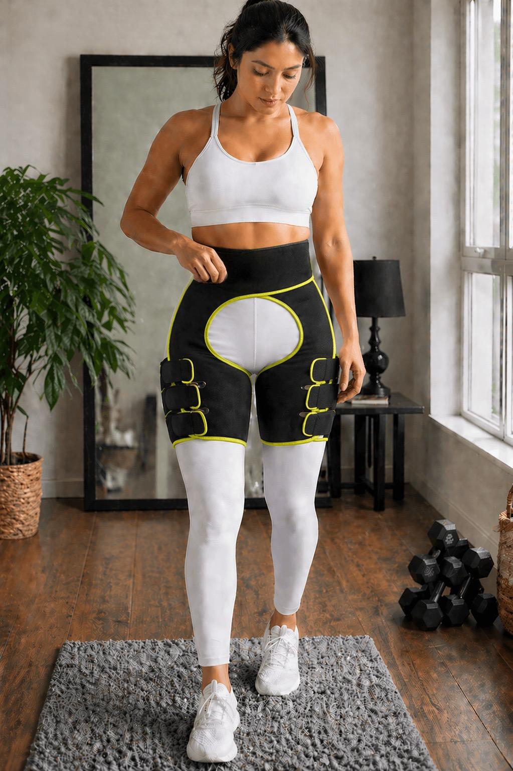 Woman wearing yellow trimmed black hip and thigh support band in a fitness room