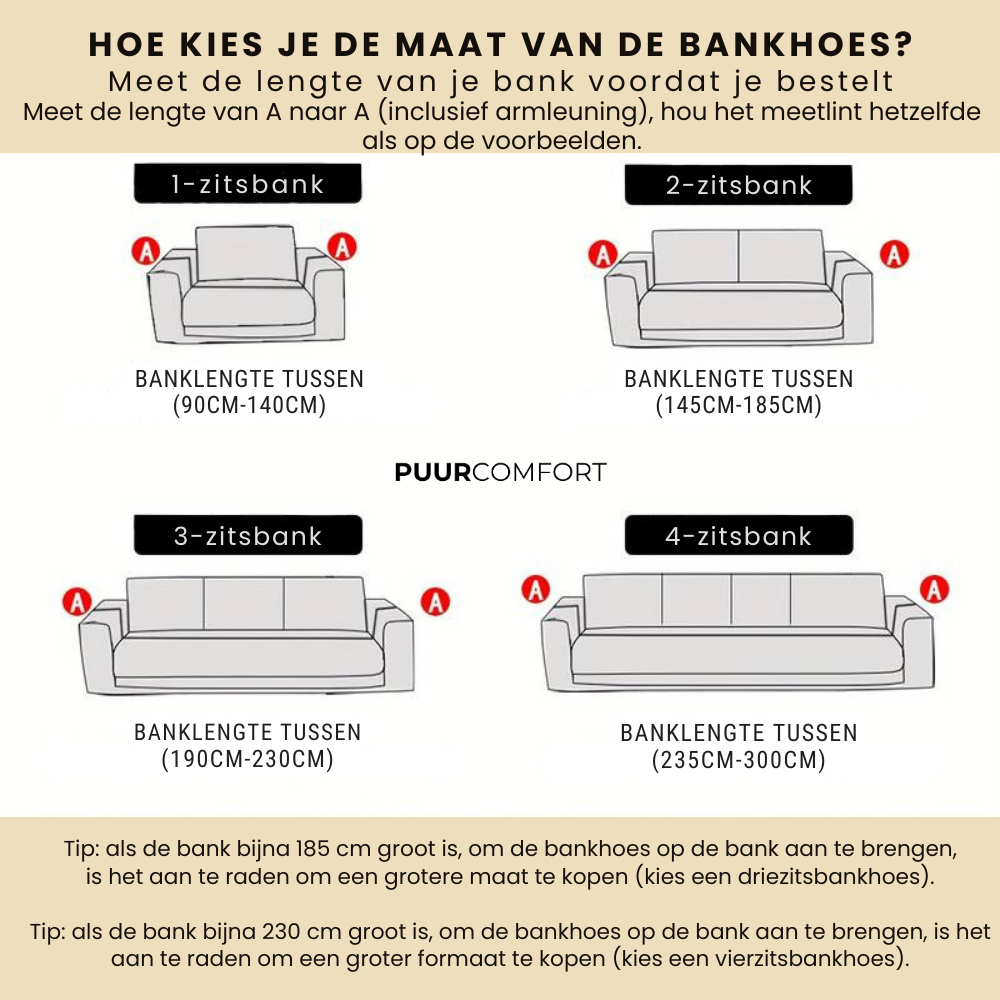 Size measurement guide infographic showing dimensions for different sofa types
