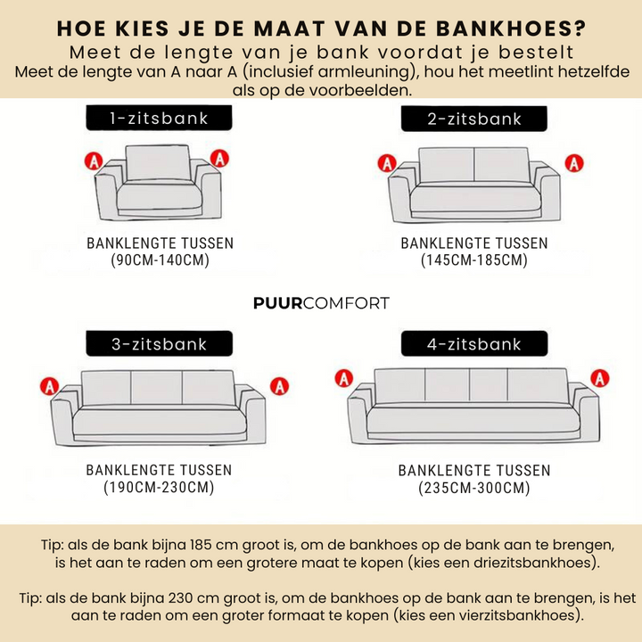 Size measurement guide infographic showing dimensions for different sofa types