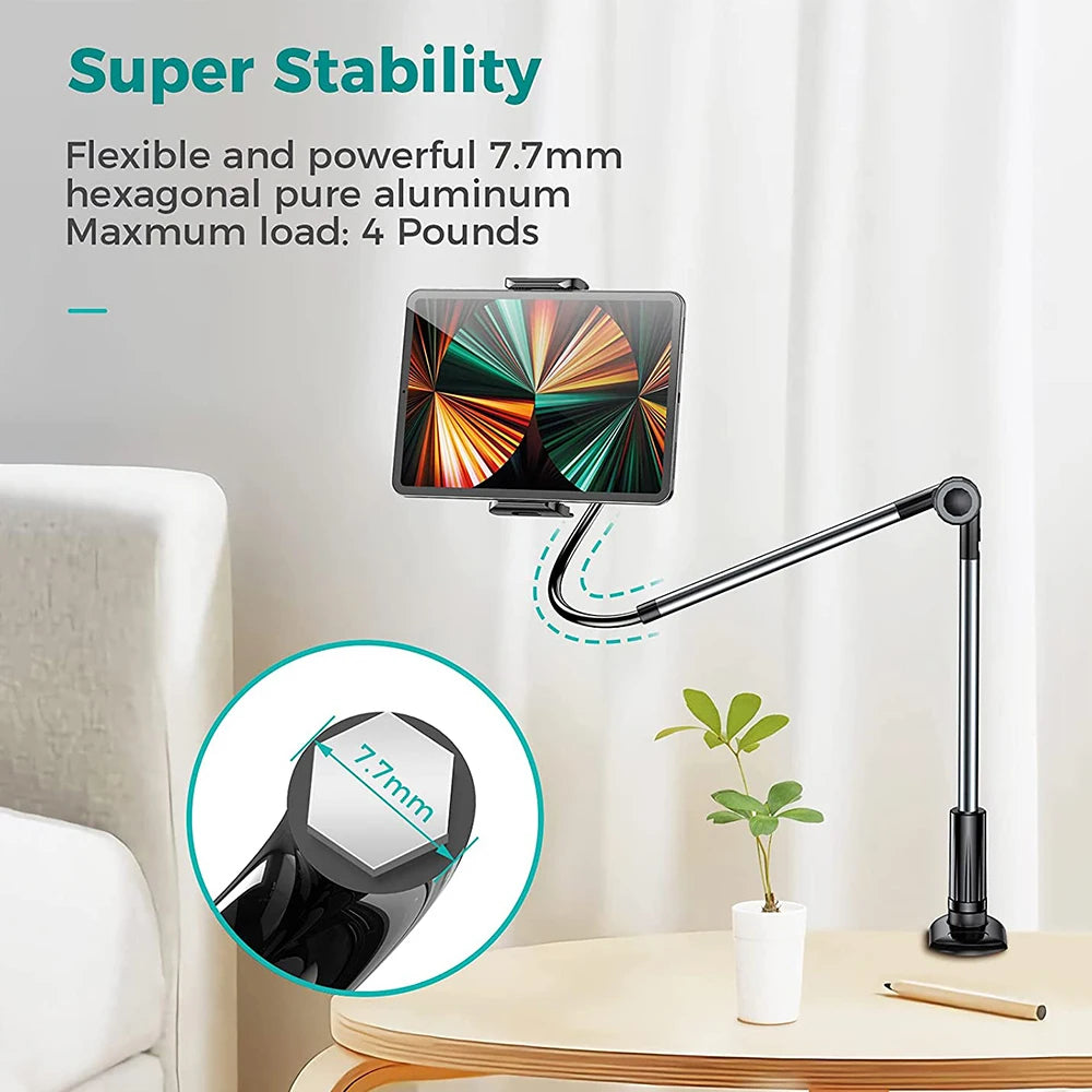 Handsfree bedside smartphone and tablet stand shown extending over a bed
