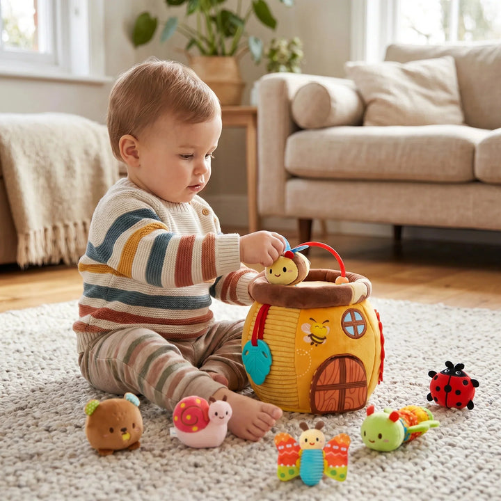 Young toddler exploring the interactive sensory honey pot plush set indoors