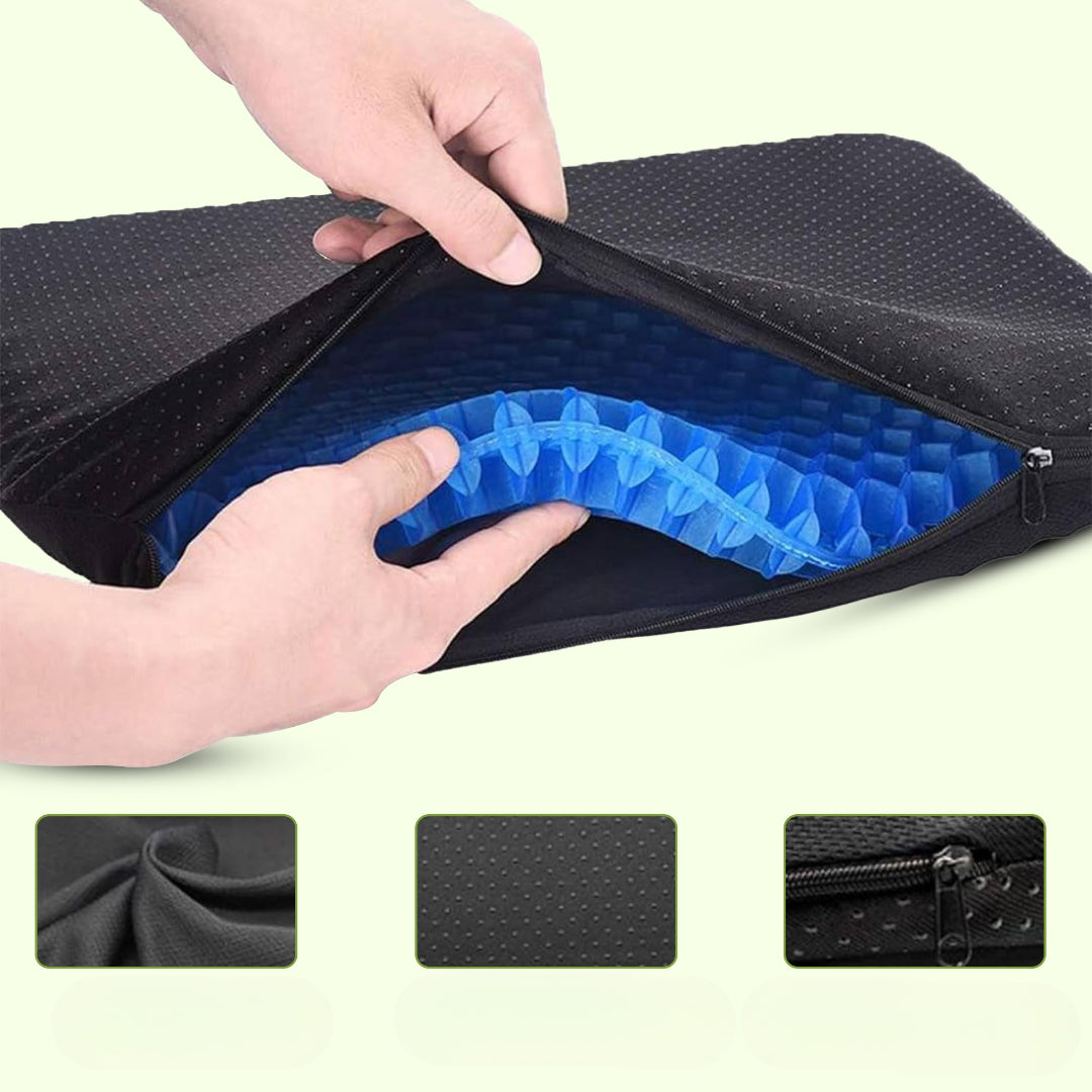 Close up of the blue honeycomb gel cushion inside a black zippered protective cover