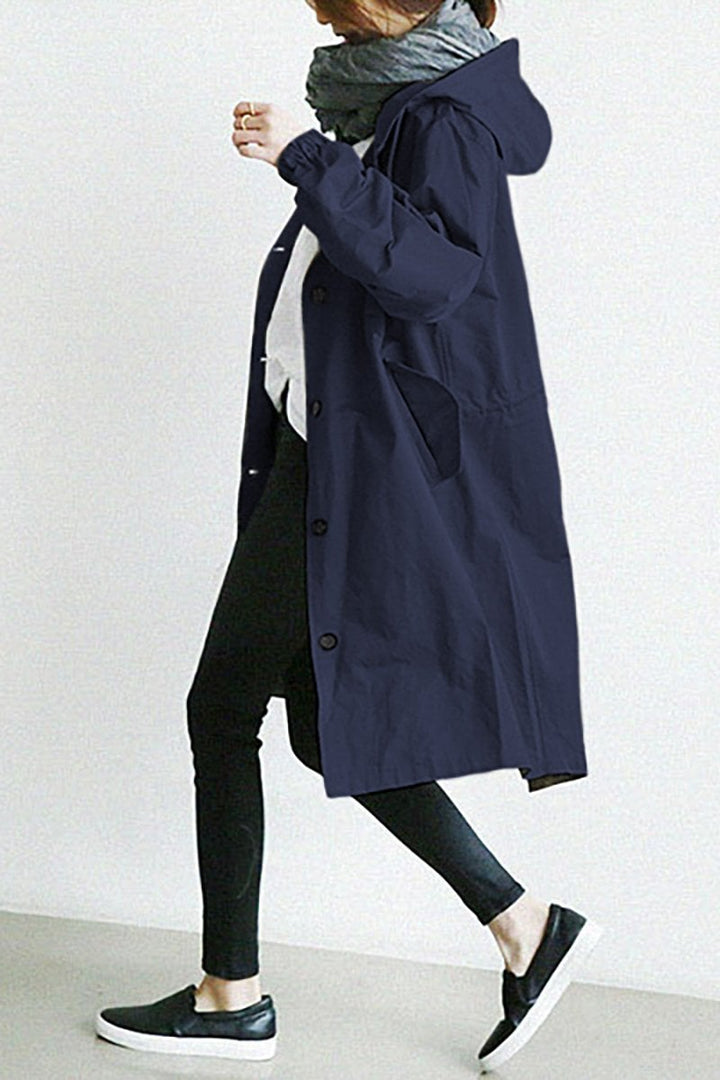 Womens hooded waterproof rain trench coat back view, long rain jacket