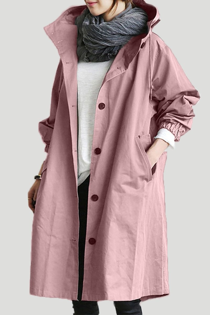 Detailed shot of pockets and buttons on waterproof trench coat