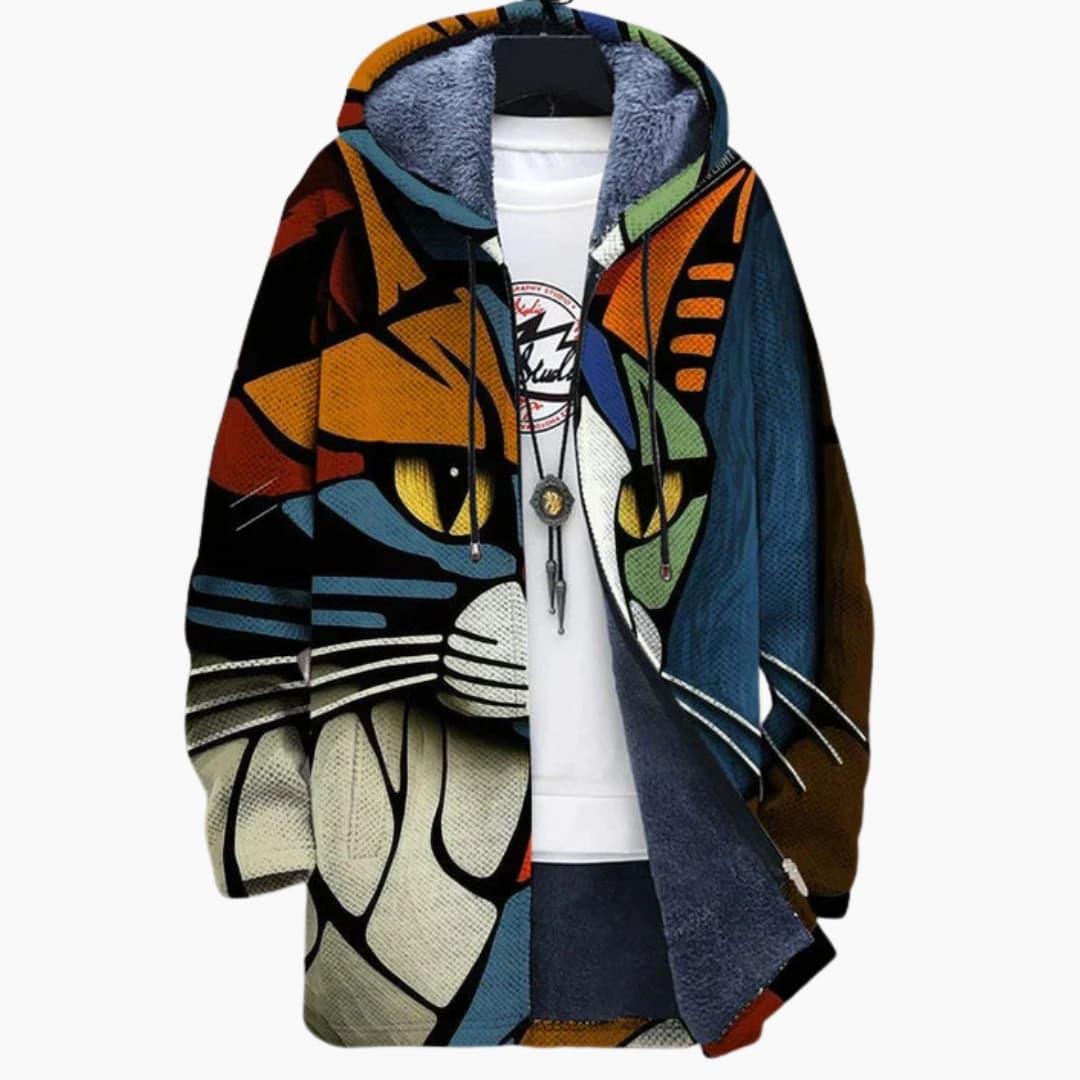 Unisex hooded zip-up sweatshirt with vibrant abstract cat design shown from the front.