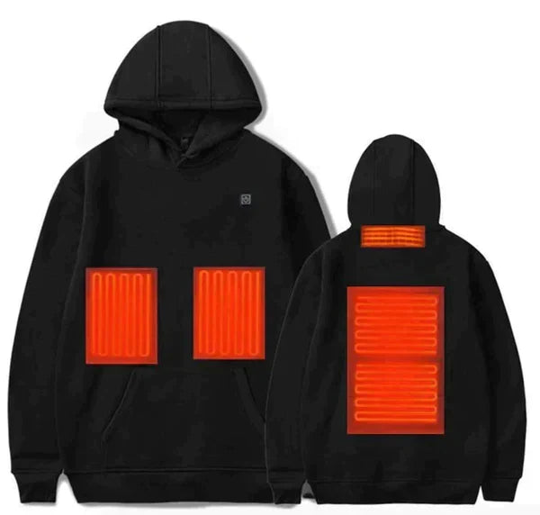 Unisex black heated winter hoodie showing front and back heating element panel zones