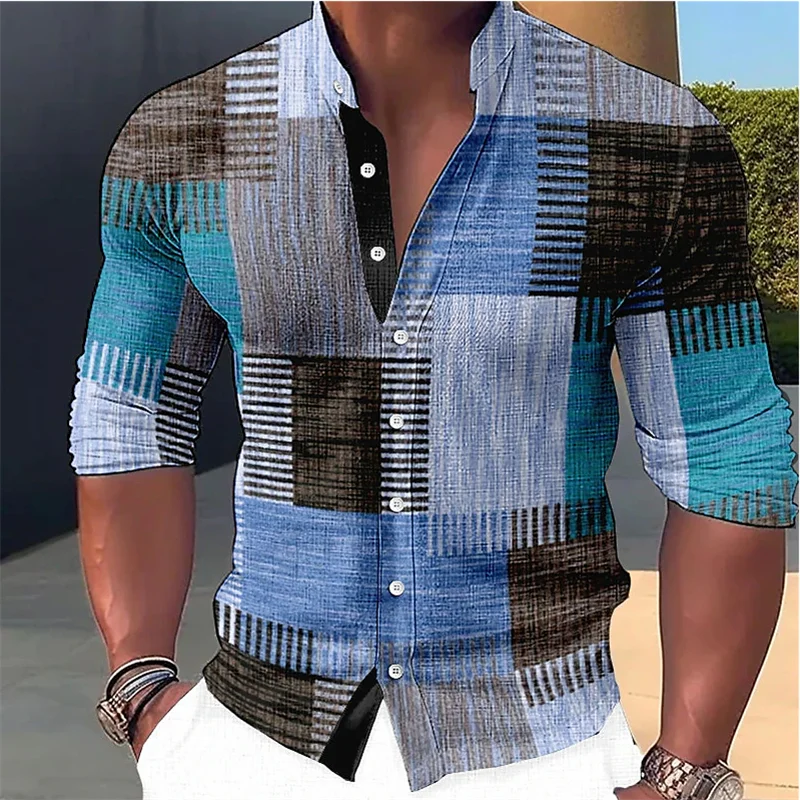 Men's blue geometric pattern casual shirt in breathable fabric