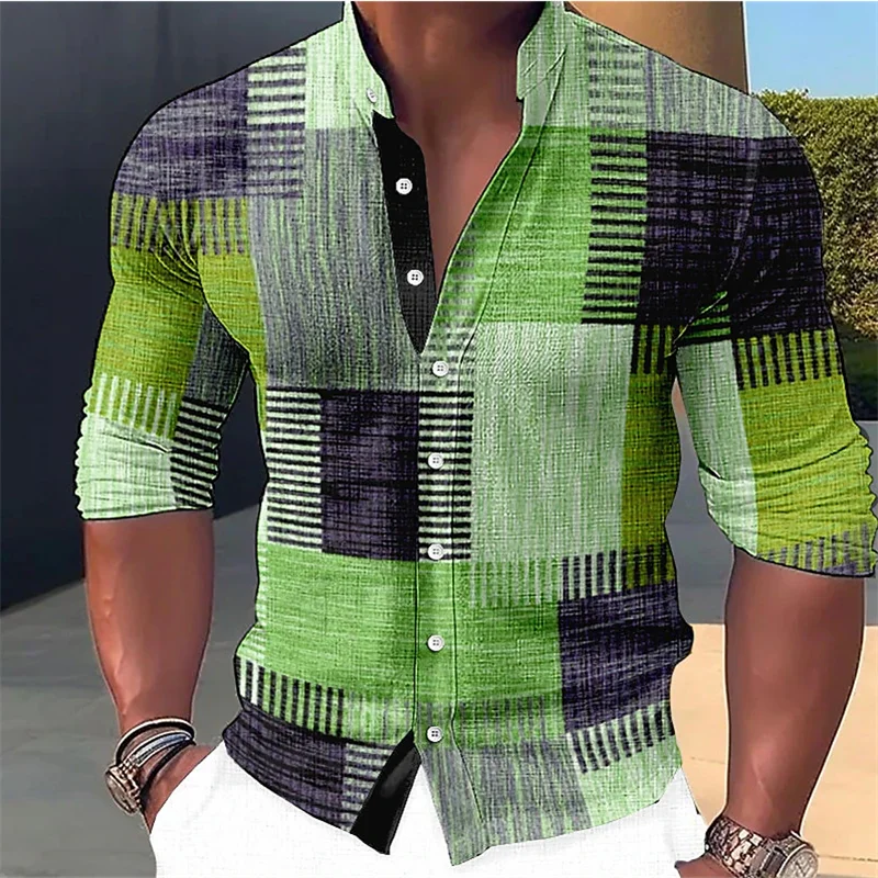 Men's green stylish patchwork shirt featuring button placket