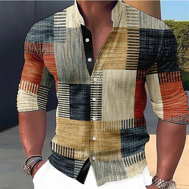 Mens long sleeve patchwork mandarin collar casual shirt with geometric print