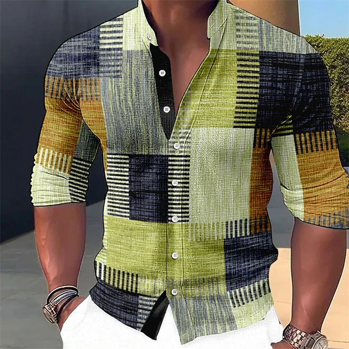 Close-up of mens geometric print patchwork shirt featuring a mandarin collar