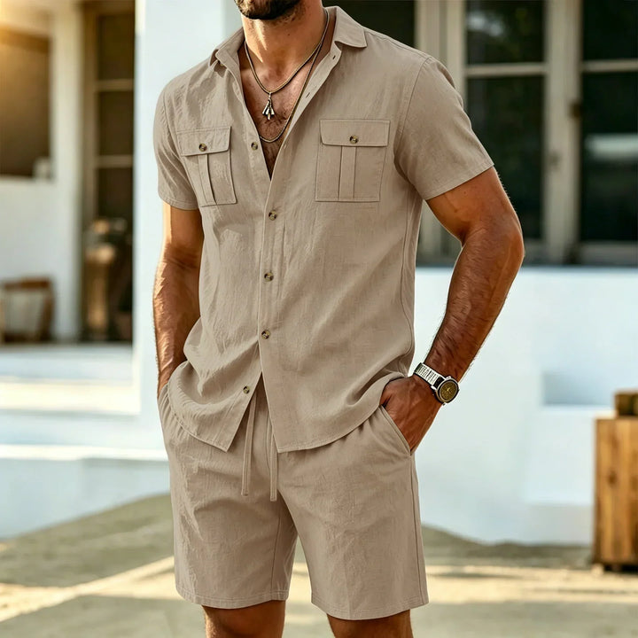 Mens casual short sleeve button-up shirt and shorts summer outfit set