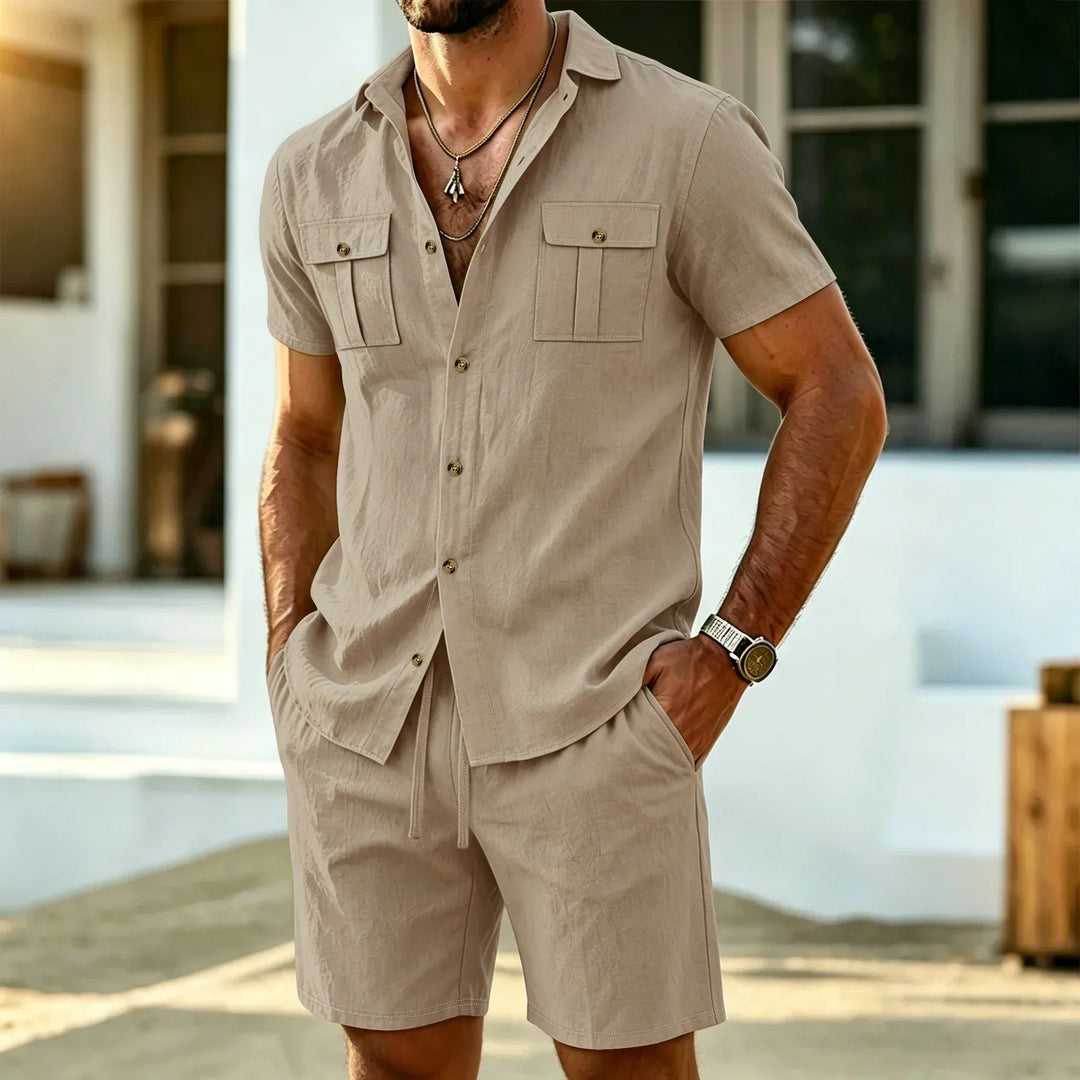 Stylish mens summer beach wear matching short sleeve shirt and shorts