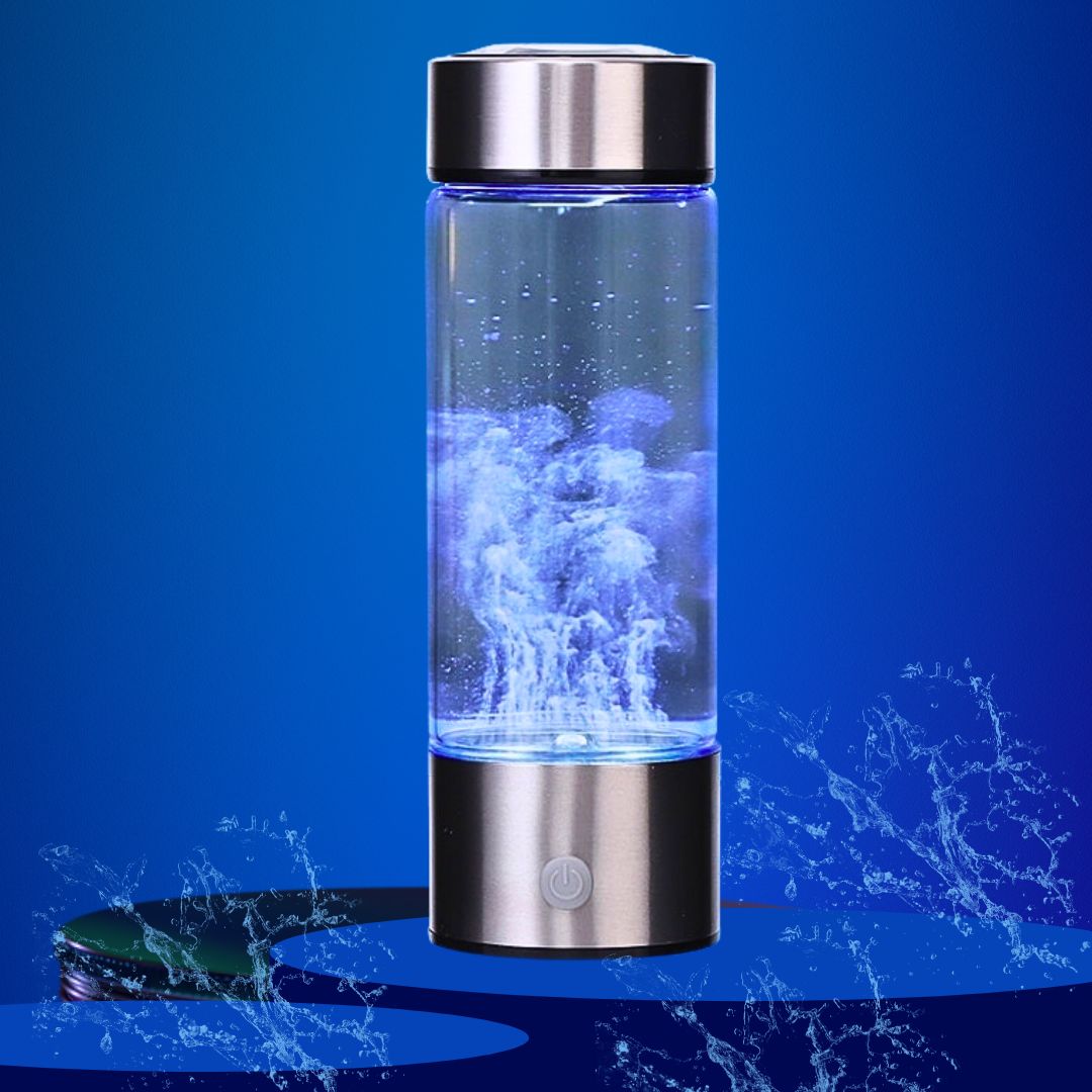 Hydrogen water bottle generator showing blue electrolysis bubbles against a blue background