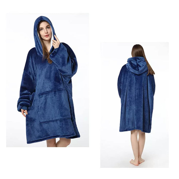 Model showcasing the dark blue hooded blanket from front and back
