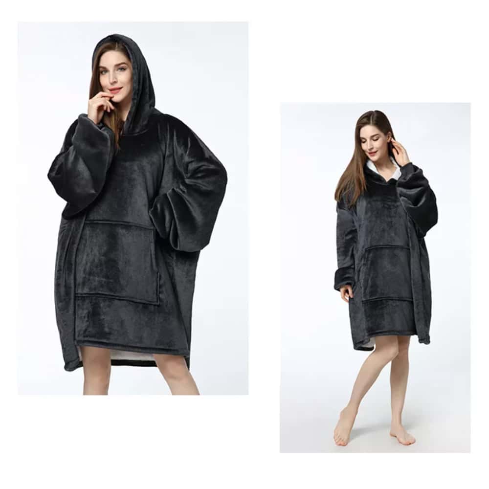 Model wearing the black oversized hooded blanket sweatshirt
