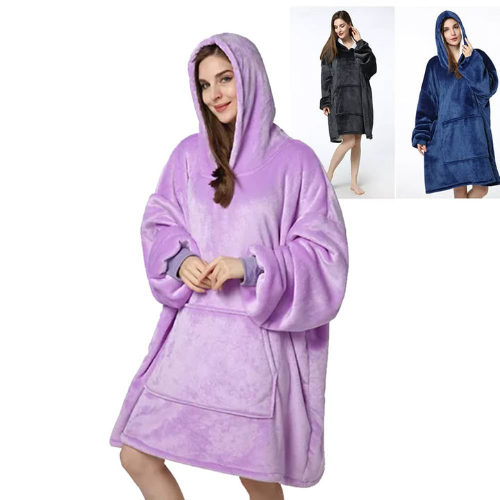 Cozy black wearable hooded blanket sweatshirt designed for lounging and comfort