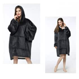 Plush purple hooded sweatshirt blanket with long sleeves for men and women
