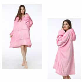 Warm black hooded blanket sweatshirt featuring practical sleeves and pouch