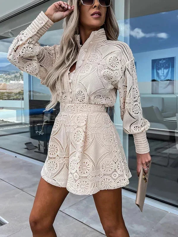 Woman wearing a khaki two-piece summer outfit posing outdoors
