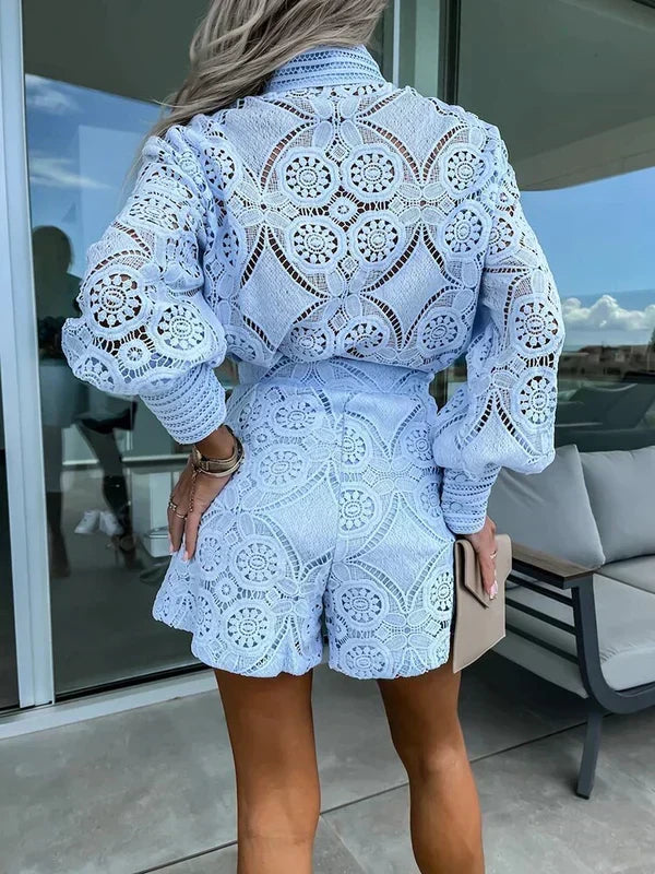 Back view of a woman wearing a blue two-piece summer outfit