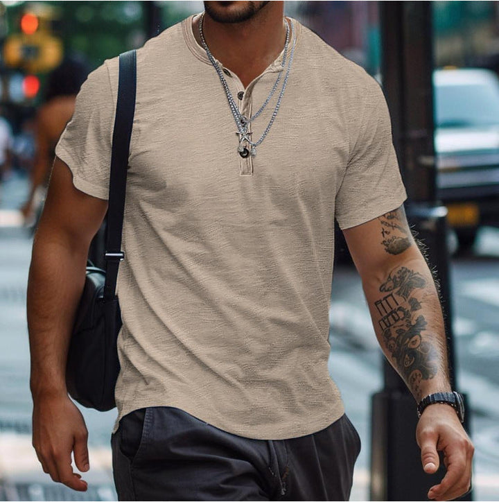 Side profile of men's summer fashion henley shirt with short sleeves